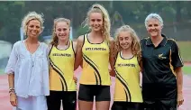  ??  ?? Wellington high school runners Caitlin Bassett, second left, Charlotte Floodsmith­Ryan and Phoebe McKnight broke the long-standing records of Sarah Christie, far left, and Anne Hare, far right, last week.