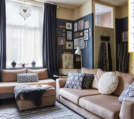  ??  ?? In the living room, Helen wanted to create a relaxed feel with a darker wall colour, Grey Shingle, from Valspar. The heavy IKEA curtains and comfy sofa from DFS add to the cosy feel of the room