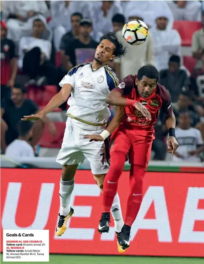  ?? Supplied photo ?? Shabab Ahli and Al Wahda players in an aerial battle during the Arabian Gulf League match on Friday. —