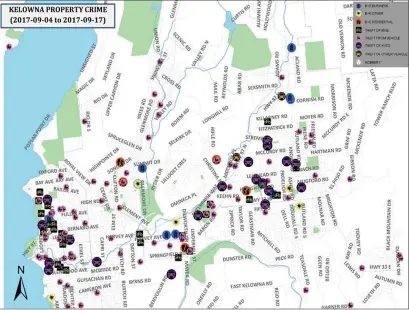  ??  ?? Maps show property crimes in Kelowna and Lake Country from Sept. 4 to Sept. 17. Maps provided by Central Okanagan Crime Stoppers. Next week’s maps will look at the crimes in West Kelowna and Peachland.