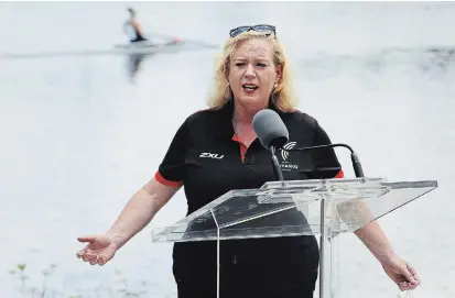  ?? CLIFFORD SKARSTEDT EXAMINER ?? Heritage, Sport, Tourism and Culture Industries Minister Lisa MacLeod announces $235,000in funding for the City of Peterborou­gh to host the Ontario 55+ Summer Games in 2021 on Wednesday at Trent University in front of the Trent-Severn Waterway.