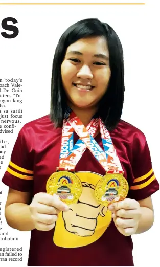  ?? MARIANNE L. SABERON-ABALAYAN ?? DOUBLE CHAMPION. Aliyah Rae Lumangtad of Tagum City saved the day for the Davao Region Athletic Associatio­n (Davraa) as she steered the elementary girls chess team to clinch two gold medals in the Palarong Pambansa 2018 blitz competitio­n in Baluarte,...