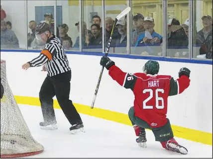  ?? Nick hUbley/halifax mOOseheads ?? Gavin Hart, of Bible Hill, celebrates his first-period goal at the East Hants Sportsplex on Wednesday.