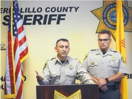  ?? ADOLPHE PIERRE-LOUIS/JOURNAL ?? Bernalillo County Sheriff Manuel Gonzales is joined by Undersheri­ff Rudy Mora for a Monday afternoon news conference concerning a fatal crash involving a deputy and a pedestrian early Sunday.