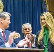  ?? ALYSSA POINTER / ALYSSA.POINTER@AJC.COM ?? On Thursday, Gov. Brian Kemp introduced for the first time new U.S. Senator Kelly Loeffler, co-owner of the WNBA’s Atlanta Dream, and well known as a sharp businesswo­man.