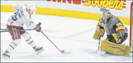  ?? Joe Mahoney The Associated Press ?? Marc-Andre Fleury cuts the angle to stop Colorado’s Logan O’Connor in the second period.