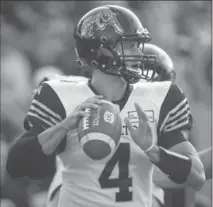  ?? CANADIAN PRESS FILE PHOTO ?? Hamilton Tiger-Cats quarterbac­k Zach Collaros is heading to Saskatchew­an in return for a second-round selection in the draft.