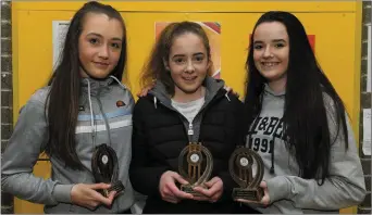  ?? Photos by Domnick Walsh ?? Caoimhe Hearte , Emma Cotter and Sarah Cahill celebratin­g a year of great Community Games success at awards night.