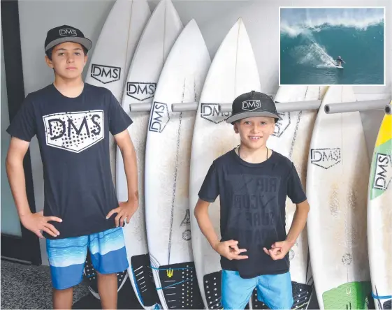  ?? Pictures: SUPPLIED ?? Max Deffenti, 14, and brother Lucas, 9, are now with Burleigh Boardrider­s and (inset) Lucas Deffenti on a boomer at Uluwatu, Bali, last year.