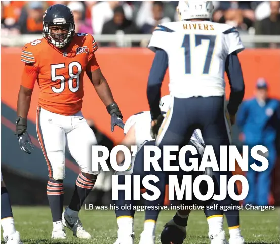  ?? AP ?? Roquan Smith is looking to build on his bounce-back performanc­e Sunday. Four of his seven tackles limited the Chargers to two yards or less, including three for no gain.