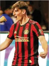 ?? CURTIS COMPTON / CCOMPTON@AJC.COM ?? United midfielder Emerson Hyndman, celebratin­g a goal against FC Cincinnati on March 8, started Saturday’s loss to the Red Bulls. Hyndman was cleared after testing positive for COVID-19 in June.