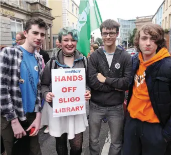  ??  ?? ( L- R), Owen Richard McNamee, Molly Budd, Alec Richardson and owern Eglington at the protest ouside Sligo Library last Saturday.