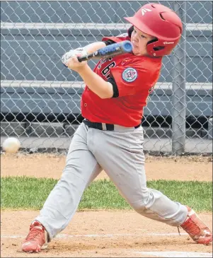  ?? NEWS PHOTO BY RYAN MCCRACKEN ?? Dylin White of the Glace Bay McDonald’s Colo nels puts the ball in play during Canadian Little League Championsh­ip action against the Lethbridge Southwest All Stars at Lovell McDonnell Field in Medicine Hat, Alta., Friday. Lethbridge won, 7-1.