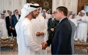  ?? @MohamedBin­Zayed ?? His Highness Sheikh Mohamed bin Zayed Al Nahyan, Crown Prince of Abu Dhabi and Deputy Supreme Commander of the UAE Armed Forces, Dr Sultan bin Ahmad Sultan Al Jaber and Lorenzo Simonelli in Abu Dhabi on Monday. —