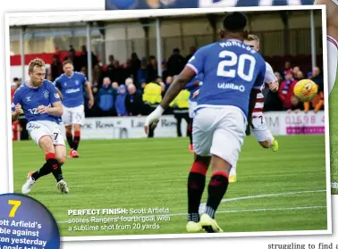  ??  ?? PERFECT FINISH: Scott Arfield scores Rangers’ fourth goal with a sublime shot from 20 yards
