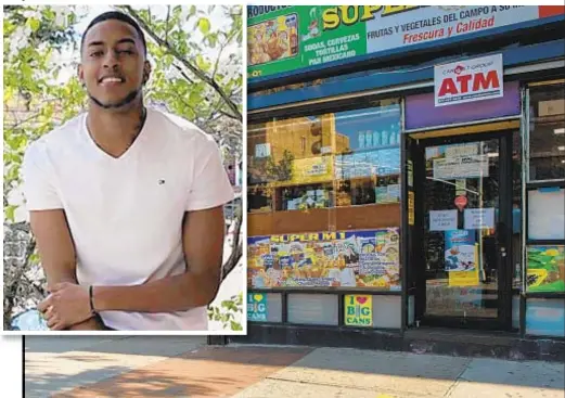  ??  ?? Nicolas Caicedo-Velasquez, 21 (pictured), was nine blocks away from home when he was fatally stabbed at ATM in Queens (above). Below, a “person of interest” who may have informatio­n about the Friday night stabbing.