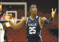  ?? Michael Reaves / Getty Images ?? Yale’s Miye Oni reacts against Miami during the HoopHall Miami Invitation­al at American Airlines Arena on Saturday.