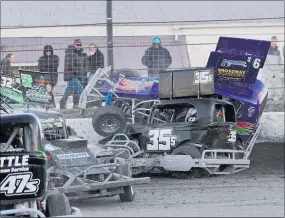  ??  ?? Stockcar driver Bradley Podjursky found himself pointing the wrong way during racing.