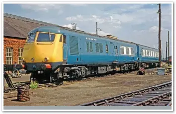  ?? RAIL PHOTOPRINT­S/DAVE COBBE. ?? A Western Region set with full yellow front end awaits servicing at Old Oak Common depot in July 1969.