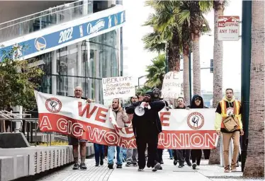  ?? Lea Suzuki/The Chronicle ?? California Gig Workers Union members march in S.F. Prop. 22’s legality is in question in an appeals court.