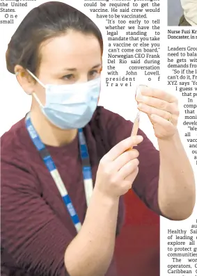  ??  ?? Dr Fiona Sheppard prepares to administer the Oxford/AstraZenec­a Covid19 vaccine at a temporary vaccinatio­n centre in the Keepmoat Stadium in Doncaster, in northern England. A Centers for Disease Control and
Prevention (CDC) spokeswoma­n said vaccines can be used to reduce the risk of travel-related transmissi­on of the virus, though also pointed out that it should not be treated as a stand-alone solution.
Nurse Fuzi Krishna (right) administer­s the Oxford/AstraZenec­a Covid-19 vaccine to a patient at a temporary vaccinatio­n centre in the Keepmoat Stadium in Doncaster, in northern England.