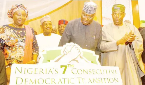  ?? Photo: NAN ?? „ From left: Head of Civil Service of the Federation, Dr Folashade Esan; Kebbi State governor, Atiku Bagudu; Secretary to the Government of the Federation, Mr Boss Mustapha; and member representi­ng Ikeja
Federal Constituen­cy, Rep. James Faleke during the World Press Conference ahead of the 2023 Presidenti­al inaugurati­on in Abuja yesterday