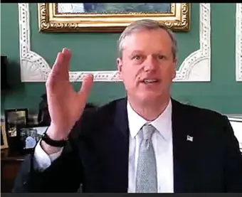  ?? STuART CAhiLL phOTOS / hERALD STAFF ?? ‘LUMPY AND BUMPY’ Gov. Charlie Baker testifies on the vaccinatio­n distributi­on problems in a hearing with the state Legislatur­e on Thursday, saying the state knew the vaccine rollout would be ‘lumpy and bumpy.’