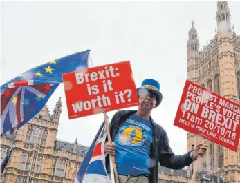  ?? FOTO: DPA ?? „Brexit: lohnt sich das?“steht auf dem Schild dieses Demonstran­ten vor Westminste­r Palace, dem Sitz des britischen Parlaments in London.