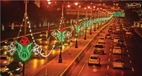  ?? (Syed Fasiuddin/Muscat Daily) ?? The National Day lighting illuminate a stretch of the Sultan Qaboos Street on Wednesday
