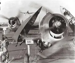  ??  ?? VF-9 Hellcats land aboard USS Essex, with aircraft touching down every 20 seconds, in a choreograp­hy of catching the wire, taxiing forward, and folding the wings, each step caught in this photograph. (Photo courtesy of Thomas McKelvey Cleaver)