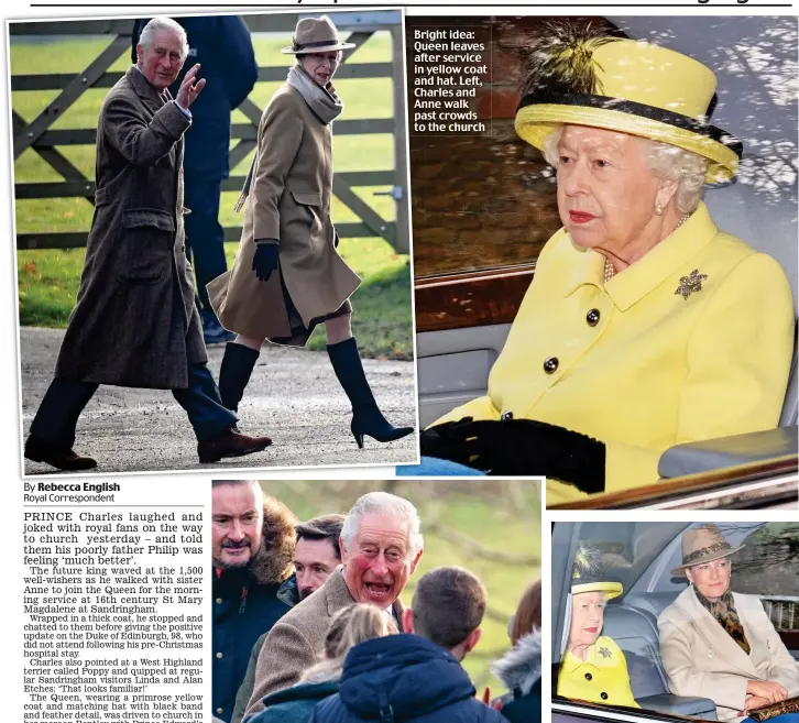  ??  ?? Prince charming: Charles jokes with crowds before 11am ceremony Bright idea: Queen leaves after service in yellow coat and hat. Left, Charles and Anne walk past crowds to the church