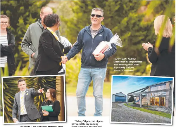  ?? Pictures: ALISON WYND ?? Ray White, Lara auctioneer Matthew Wade. HAPPY MAN: Andrew Stephenson is congratula­ted after securing the Clover St property (below).