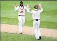  ??  ?? JOY: Virdi celebrates another wicket yesterday