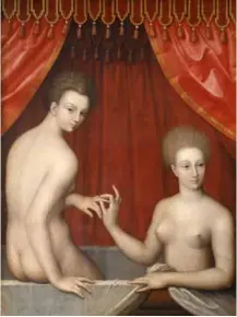  ??  ?? 《沐浴中的女人》 公元16世纪末 枫丹白露画派画家 木板油画 158×129×10.5cm 意大利乌菲齐美术馆藏 右侧妇人伸出右手，欲为左侧背身的女性藏­戒指。梳高髻、呈四分之三的正侧面，与新会木美人同。