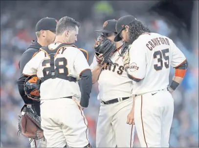  ?? JANE TYSKA — BAY AREA NEWS GROUP ?? Giants starting pitcher Jose Alvarez (48) talks with pitching coach Andrew Bailey (84), catcher Buster Posey (28) and Brandon Crawford (35) in the second inning of Monday’s game against the Brewers at Oracle Park in San Francisco.