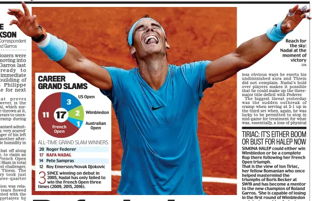  ?? EPA ?? Reach for the sky: Nadal at the moment of victory