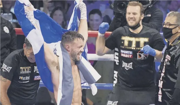  ??  ?? 0 Josh Taylor celebrates after defeating Jose Ramirez by unanimous decision in Las Vegas to become undisputed super lightweigh­t world champion