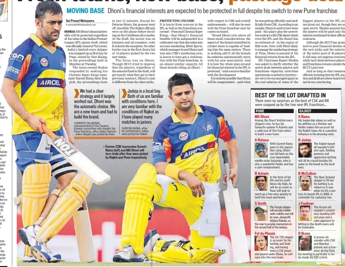  ??  ?? Former CSK teammates Suresh Raina (left) and MS Dhoni will turn rivals after they were picked by Rajkot and Pune respective­ly.