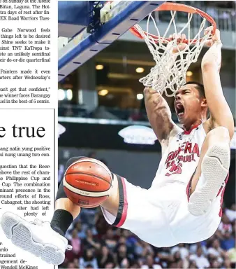  ??  ?? Barangay Ginebra San Miguel’s Japeth Aguilar lets out a scream after a vicious throw-down against San Miguel Beer in the PBA Governors' Cup playoffs Thursday at the Mall of Asia Arena. Ginebra won by a mile, 104-84, to advance to the semifinals while...