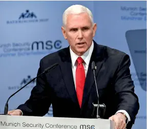  ??  ?? US Vice President Mike Pence speaks during Munich Security Conference in Munich, Germany February 16, 2019. Reuters/Andreas Gebert