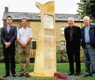  ??  ?? ●● Morgan Rothwell (D&M Creative), Tony Ronnan, Father Lupton (St James the Less RC Church) and Tony Farell with the new memorial at St James’ the Less Church