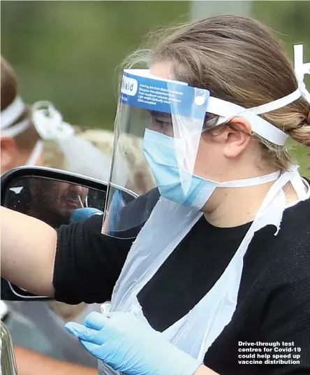  ?? Pictures: GETTY & REUTERS ?? Drive-through test centres for Covid-19 could help speed up vaccine distributi­on