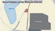  ?? GRAFIK: DAVID WEINERT ?? Die rote Fläche zeigt, wo der neue Parkplatz nach neuestem Beschluss des Gemeindera­ts geplant werden soll.