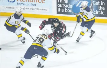  ?? JULIE JOCSAK/ STANDARD STAFF ?? Sam Miletic of the Niagara IceDogs tries to get the puck past Chd Yetman of the Erie Otters in OHL action at the Meridian Centre in downtown St. Catharines on Thursday,