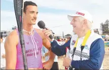  ?? Picture: HARVPIX ?? Phil McGibbon
(top right) has interviewe­d surf and Olympic paddler Riley Fitzsimmon­s (top left) and Prince Philip (left). And (right) on the beach yesterday.