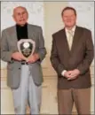  ?? CHRIS BARBER — DIGITAL FIRST MEDIA ?? George Starr, left, received a special achievemen­t award for his years of coaching the Kennett High School baseball team from 1955 to 1969. With him is Phillies Ambassador and former Phillies broadcaste­r Chris Wheeler, who was the speaker at the Old...