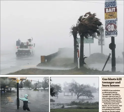  ??  ?? Top, a truck drives on Highway 24 as the wind from Hurricane Florence blows palm trees in Swansboro North Carolina; above, from left, a resident walks through floods in New Bern, North Carolina; high winds and storm surge in Swansboro, North Carolina.