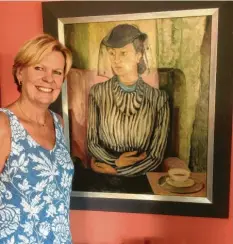  ?? Foto: hks ?? Das größte Porträt Anta Rupflins zeigt eine Dame in gestreifte­r Bluse und dürfte um 1935 entstanden sein. Rupflin-enkelin Cornelia Kraus präsentier­t es.