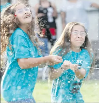  ?? Nikolas Samuels/The Signal ?? Angela Gutierrez, left, and Amanda Gonzalez pull a string causing their bottle rocket to launch in Saugus on Friday.