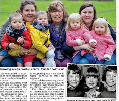  ??  ?? Growing: Aileen Crosbie, centre, founded twins club Family: Aileen with her twin boys in 1980